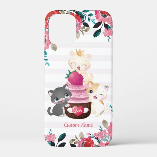 Grillige bloemige cartoon katten aardbeien cupcake Case-Mate iPhone case (Achterkant)