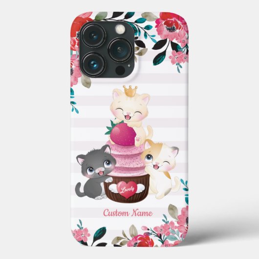 Grillige bloemige cartoon katten aardbeien cupcake Case-Mate iPhone case (Achterkant)