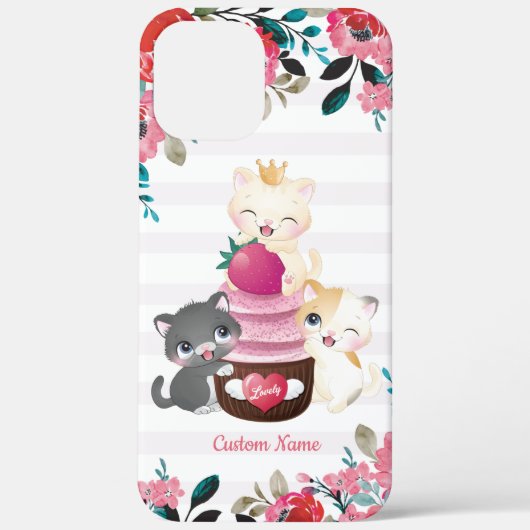 Grillige bloemige cartoon katten aardbeien cupcake Case-Mate iPhone case (Achterkant)