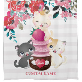 Grillige bloemige cartoon katten aardbeien cupcake douchegordijn