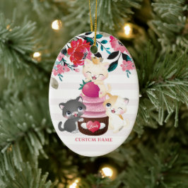 Grillige bloemige cartoon katten aardbeien cupcake keramisch ornament