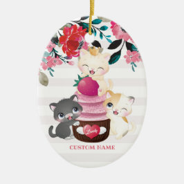 Grillige bloemige cartoon katten aardbeien cupcake keramisch ornament