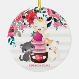Grillige bloemige cartoon katten aardbeien cupcake keramisch ornament