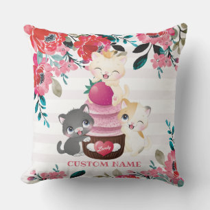 Grillige bloemige cartoon katten aardbeien cupcake kussen