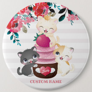 Grillige bloemige cartoon katten aardbeien cupcake ronde button 6,0 cm