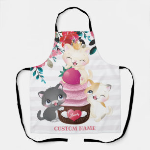 Grillige bloemige cartoon katten aardbeien cupcake schort