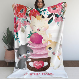 Grillige bloemige cartoon katten aardbeien cupcake sherpa deken