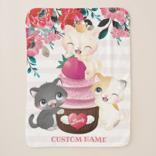 Grillige bloemige cartoon katten aardbeien cupcake sherpa deken