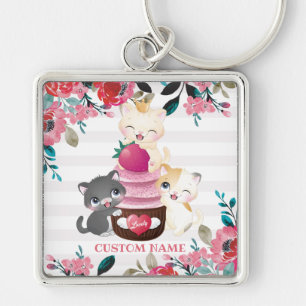 Grillige bloemige cartoon katten aardbeien cupcake sleutelhanger