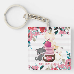 Grillige bloemige cartoon katten aardbeien cupcake sleutelhanger
