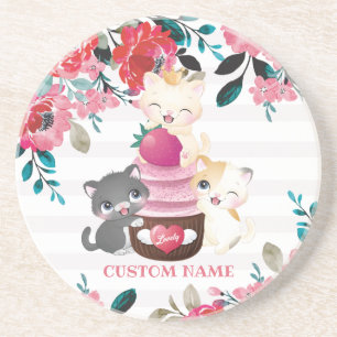 Grillige bloemige cartoon katten aardbeien cupcake zandsteen onderzetter