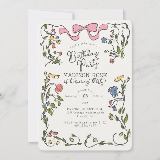 grillige bloemige doedel verjaardagsfeestje uitnod (Voorkant)