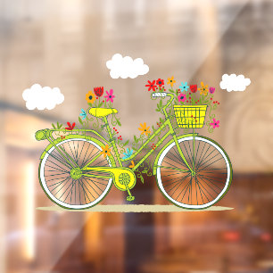 Grillige Bloemige Fiets Wolken In De Lucht Winkel Raamsticker