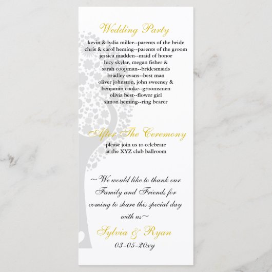 grillige boom gele lovebirds bruiloft programma programmakaart (Achterkant)