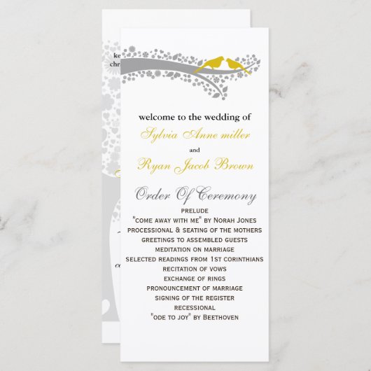 grillige boom gele lovebirds bruiloft programma programmakaart (Voorkant / Achterkant)