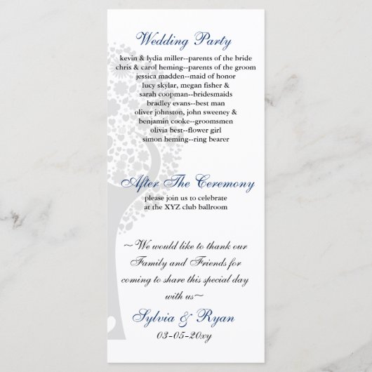 grillige boom marine blauw lovebirds bruiloft prog programmakaart (Achterkant)