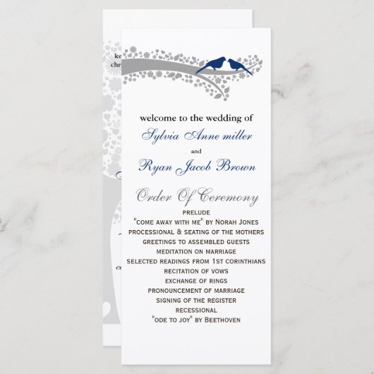 grillige boom marine blauw lovebirds bruiloft prog programmakaart (Voorkant / Achterkant)