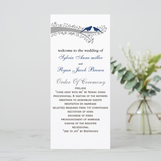 grillige boom marine blauw lovebirds bruiloft prog programmakaart (Staand voorkant)