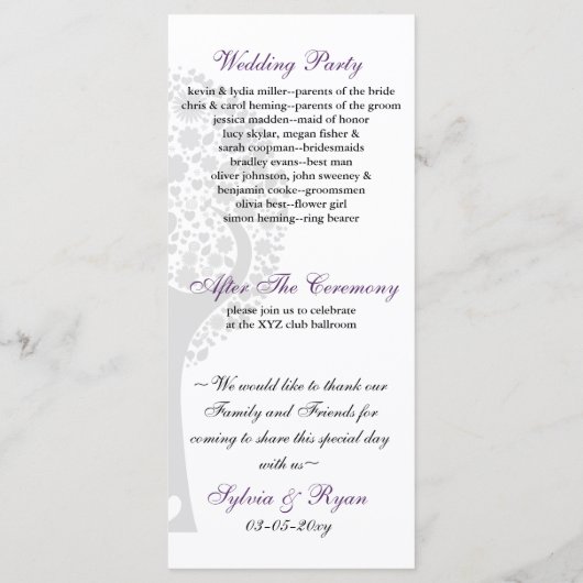 grillige boom paarse lovebirds bruiloft programma programmakaart (Achterkant)