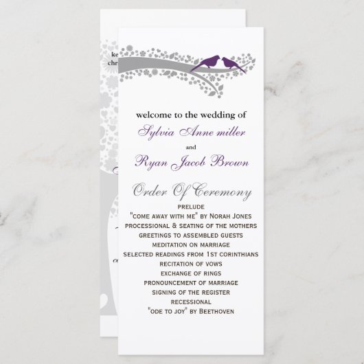 grillige boom paarse lovebirds bruiloft programma programmakaart (Voorkant / Achterkant)