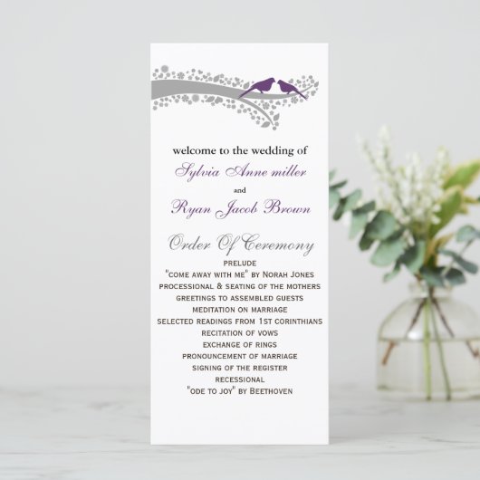 grillige boom paarse lovebirds bruiloft programma programmakaart (Staand voorkant)