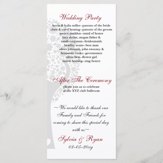 grillige boom rode lovebirds bruiloft programma programmakaart (Achterkant)