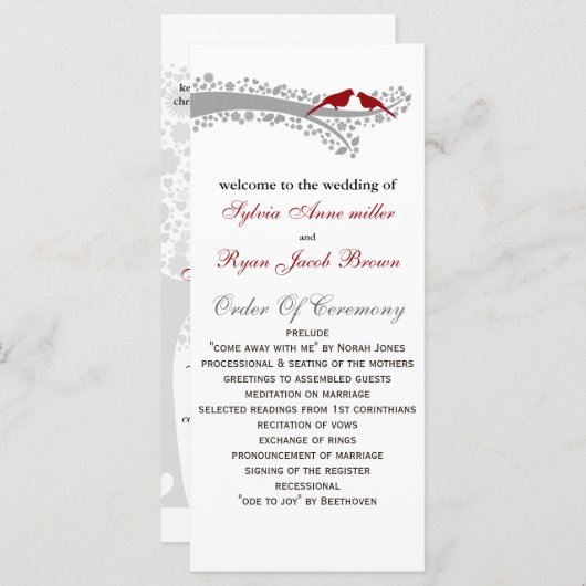 grillige boom rode lovebirds bruiloft programma programmakaart (Voorkant / Achterkant)