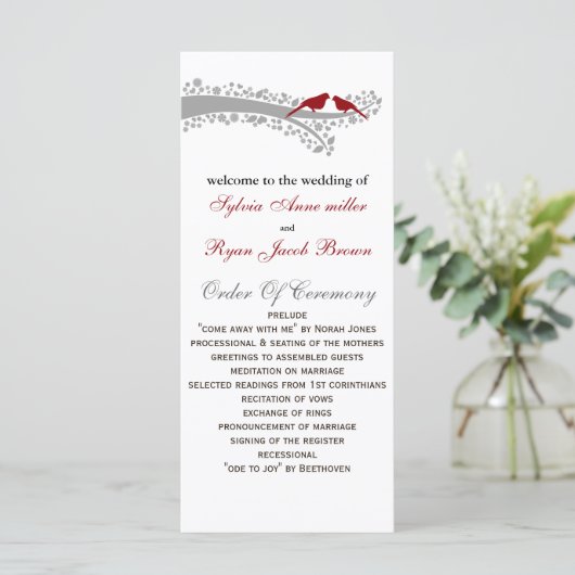 grillige boom rode lovebirds bruiloft programma programmakaart (Staand voorkant)