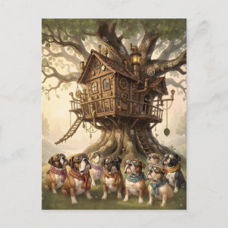 Grillige boomhut gebouwd in een reusachtige buldog briefkaart