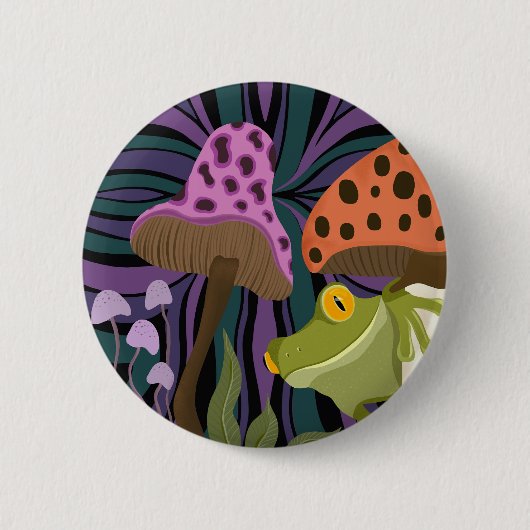 Grillige boomkikker en paddenstoelen ronde button 5,7 cm (Voorkant)