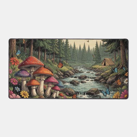 Grillige boskreek met Paddenstoelen, Vlinders Bureaumat (Voorkant)