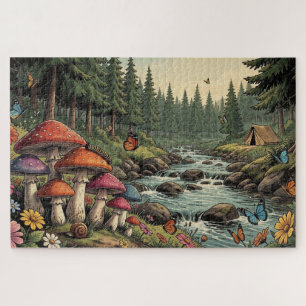 Grillige boskreek met paddestoelen, vlinders legpuzzel