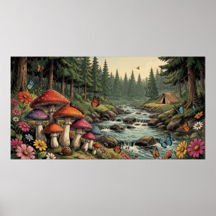 Grillige boskreek met paddestoelen, vlinders poster