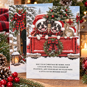 Grillige Boston Terriers, Kittens Kerst Foto Feestdagenkaart