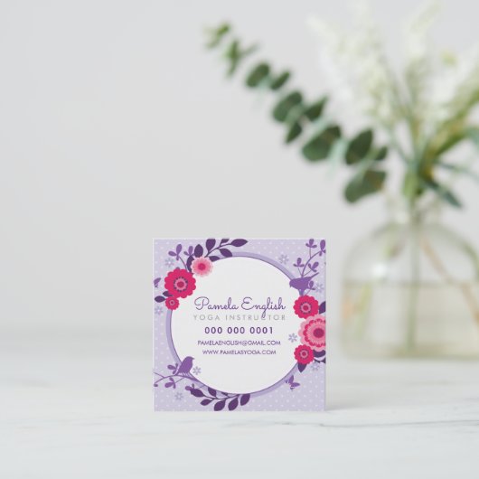 GRILLIGE BOTANISCHE  bloemenkrans paarse Vierkante Visitekaartje (Staand voorkant)