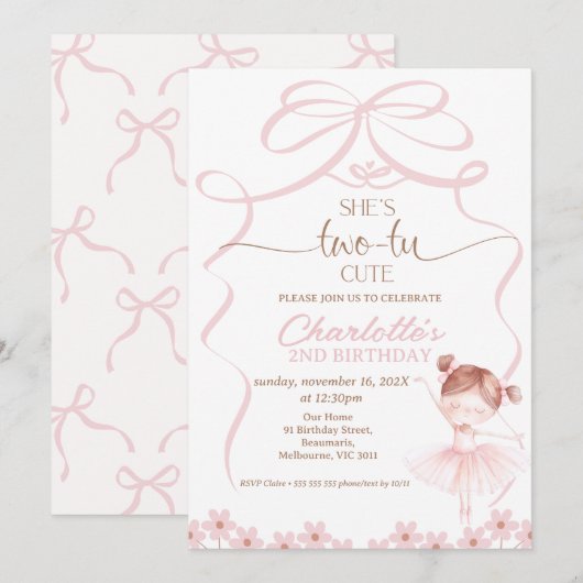 Grillige Bruine Haar Ballerina Twee Tu 2de Verjaar Kaart (Voorkant / Achterkant)