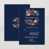 Grillige Burgundy Blush Bloemen Navy Blauwe Trouw RSVP Kaartje (Voorkant / Achterkant)