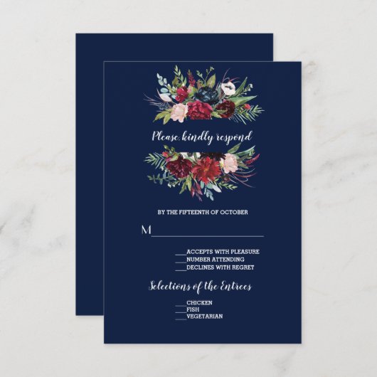 Grillige Burgundy Blush Bloemen Navy Blauwe Trouw RSVP Kaartje (Voorkant / Achterkant)