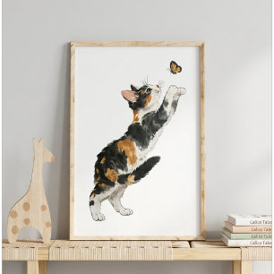 Grillige Calico Kat & Vlinder Aquarel Kunst Poster