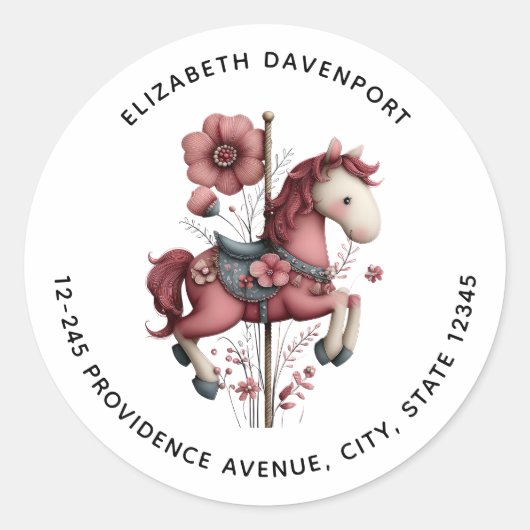 Grillige Carrousel Paard Afbeelding Adres Ronde Sticker (Voorkant)