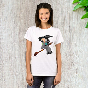 Grillige Cartoon Heks die op Bezemsteel Vliegt T-shirt
