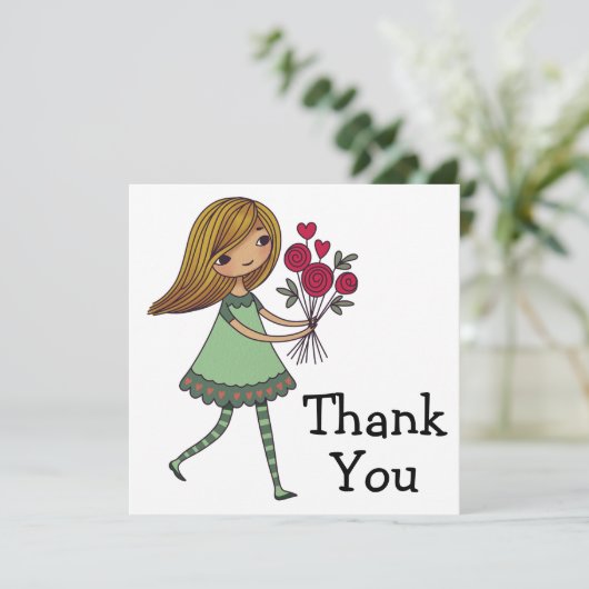 grillige Cartoon meisje met een bos van Rozen Bedankkaart (Staand voorkant)