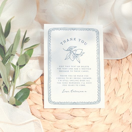 Grillige citroenillustratie | Blauwe bruidsdouche Bedankkaart