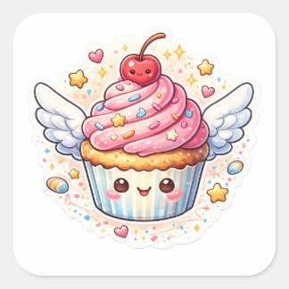 Grillige Cupcake met Vleugels – Schattig ontwerp. Vierkante Sticker