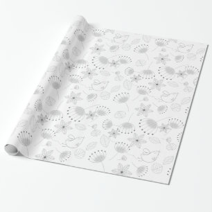 Grillige Cute Bloem- en Vogelpatroon op Wit Cadeaupapier