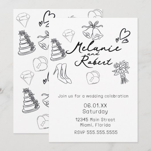 Grillige Cute Doodles Zwart Witte Bruiloft Save The Date (Voorkant / Achterkant)