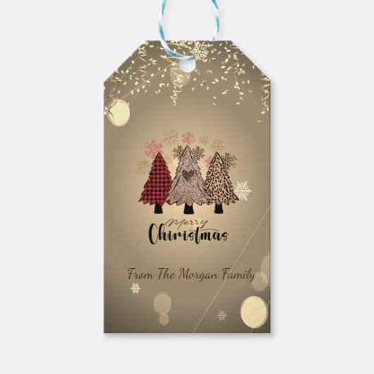 Grillige dennenbomen sterren confetti cadeaulabel (Voorkant)
