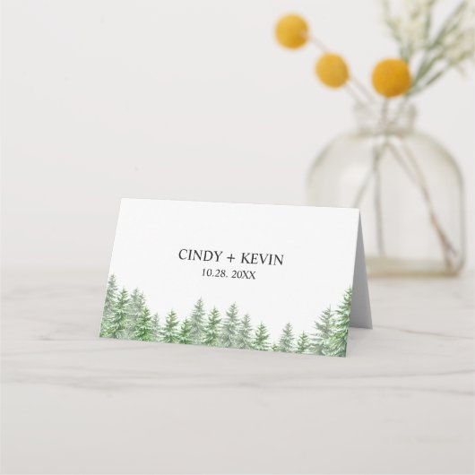 grillige dennenboom bos bruiloft plaatskaartje (Achterkant)