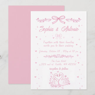 Grillige Doodle Handgetekende Roze Zwanen Bruiloft Kaart