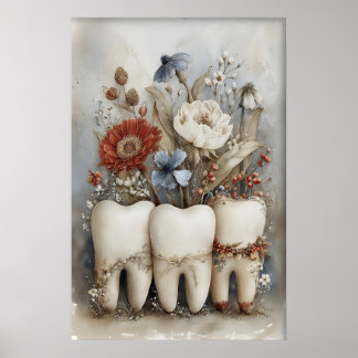 Grillige Drie Tanden Print, Bloemrijke Tand Kinder Poster